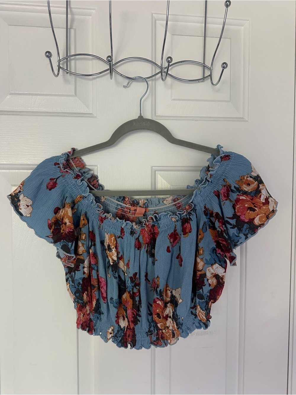 Chelsea & Violet Blue Floral Off-Shoulder Crop Top - Lightweight Summer Blouse